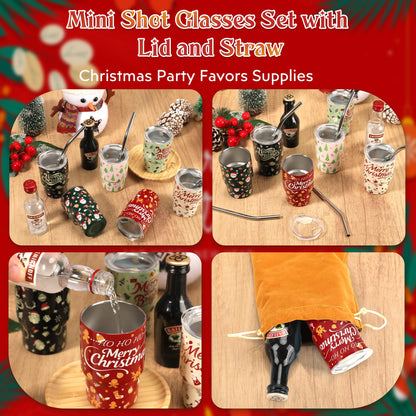 STFALI Cute Shot Glasses Set with Straw 2 oz, Mini Shot Tumblers with Lid and Straw, Kawaii Insulated Tumblers for Espresso Coffee Spirits Cute Stuff Funny Gifts (6 Pack-Christmas)