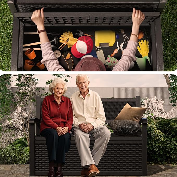 EasyUp 80 Gallon Outdoor Storage Bench Lockable Deck Box Outdoor Storage Box Waterproof for Patio,Garden,and Porch – Perfect for Storing Garden Tools and Cushions(Black)