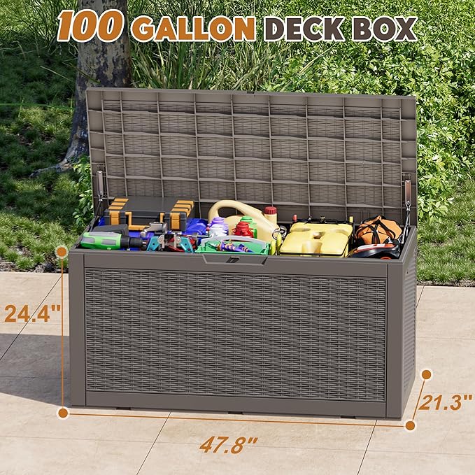 Outdoor Storage Box, Resin Deck Boxes Indoor and outdoor, Waterproof Storage Box Lockable Lid (Grey, 101 Gallon)