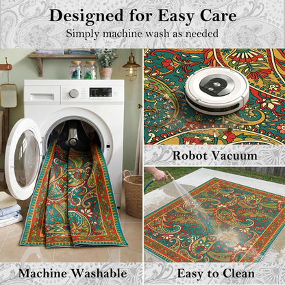 Arenarug Paisley Outdoor Rug Waterproof 6x9, UV Resistant Non Slip Patio Rug, Indoor Outdoor Boho Camping Rug Linen-Look RV Carpet for Deck Balcony Backyard, Terracotta