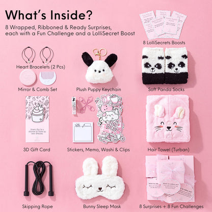 HAPPY LOLLI Pink LolliBox Gift Set for Tween & Teen Girls Ages 8–15, Birthday Gift Box, Ready-to-Gift Surprise Box with 8 Individually Wrapped Gifts & Empowering Challenges