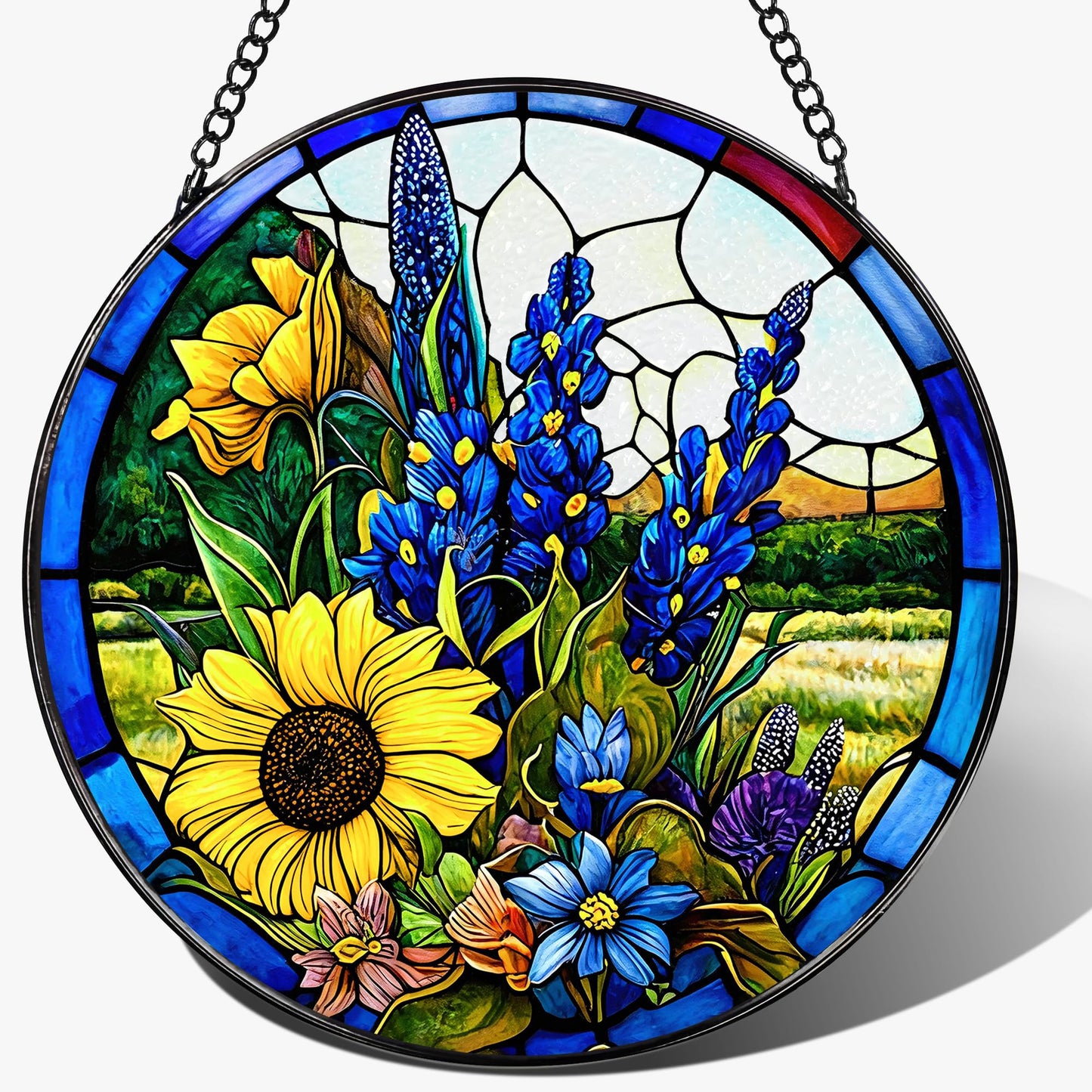 Stained Glass Window Hanging, 7.8 Inch Texas Bluebonnet Flowers and Sunflowers Stained Glass Suncatcher for Window, Door, Home Decor, Sun Catchers for Indoor Windows, Gifts for Women, Mom, Grandma