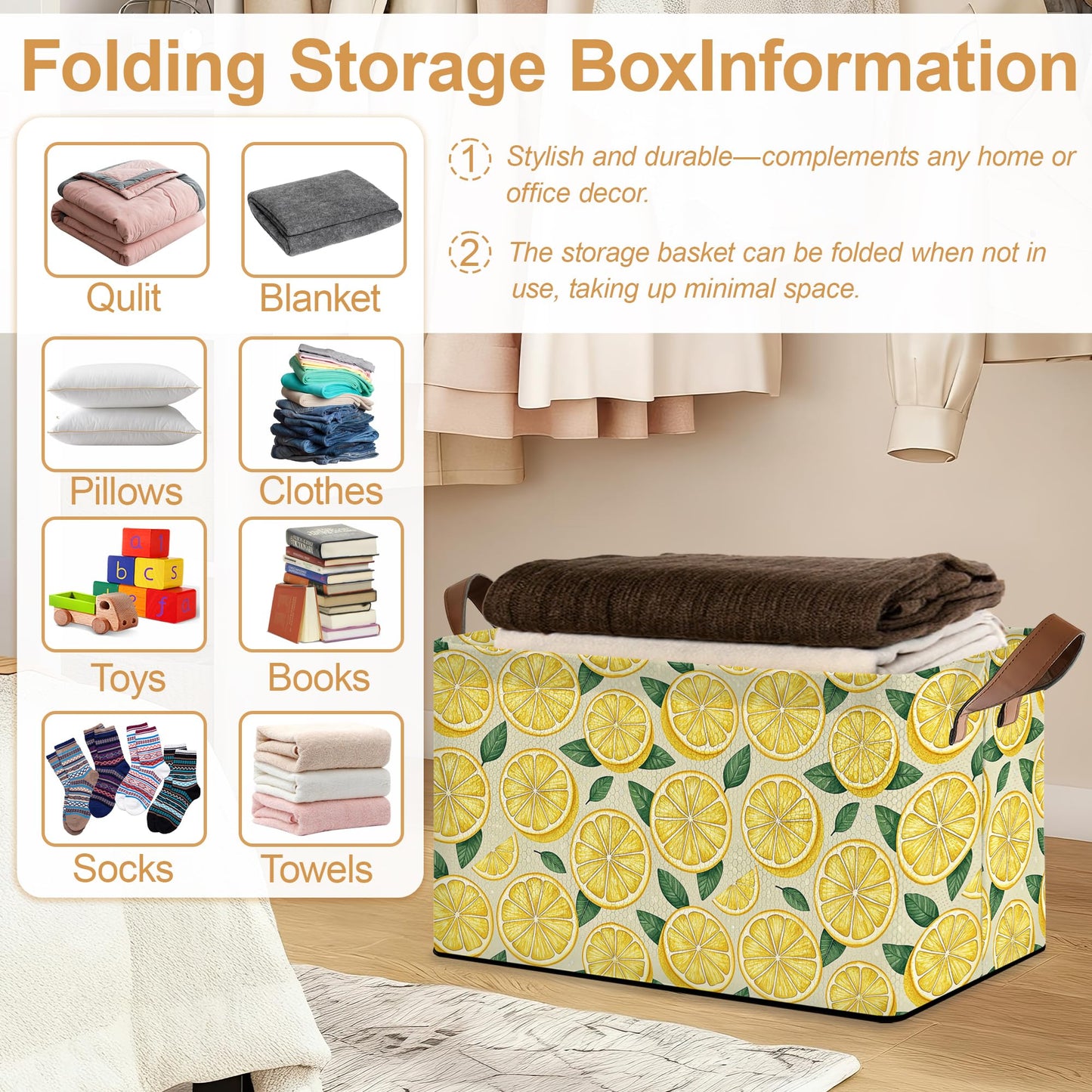 Oeaskly Lemon Fabric Storage Bins with Handles, Oxford Storage Basket for Closet Organization, Foldable Shelf Organizer for Bedroom, Nursery, Laundry, Office