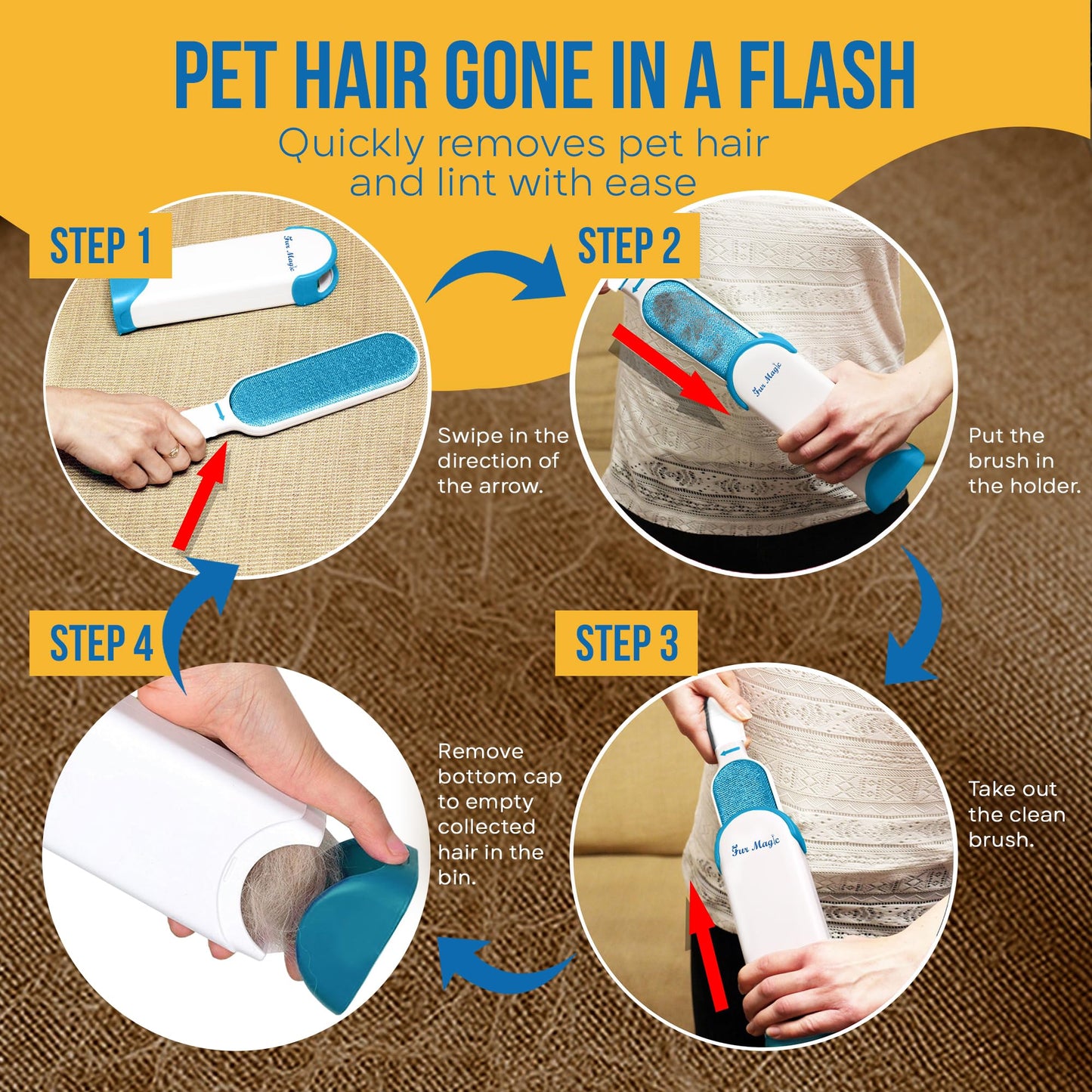 Fur Magic Pet Hair Remover Lint Brush With Self-Cleaning Base, Reusable Fluff Remover for Clothes, Double-Sided Fur Cleaner for Dog and Cat