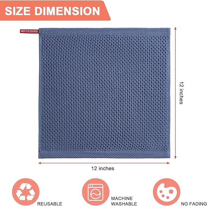 BOOMIBOO 8-Pack Kitchen Dish Cloths, 100% Cotton Waffle Weave, Ultra Soft