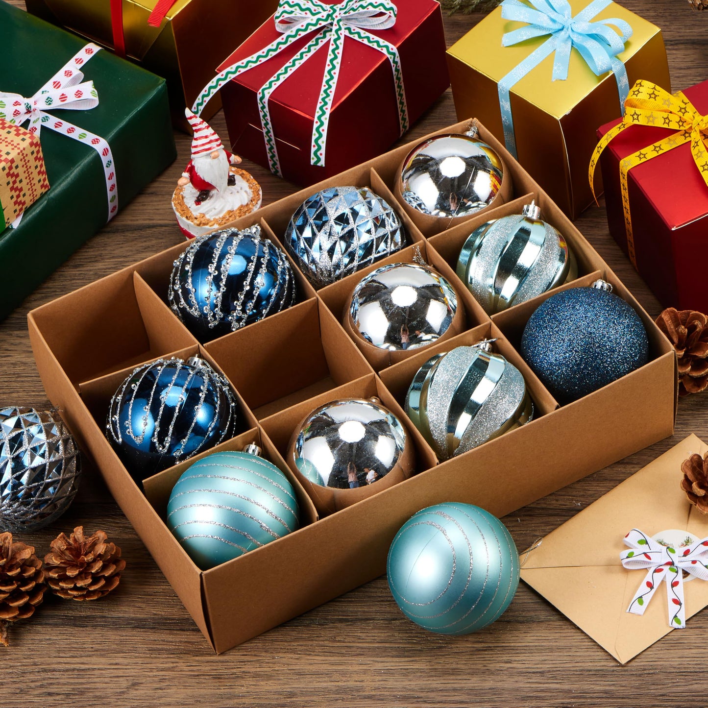 JOYIN 12 Pcs Blue Silver Christmas Balls Ornaments Set, 3.15'' Glittering Tree Hanging Christmas Decorations, Xmas Large Shatterproof Indoor Decor for Tree Wreath Holidays Wedding Party