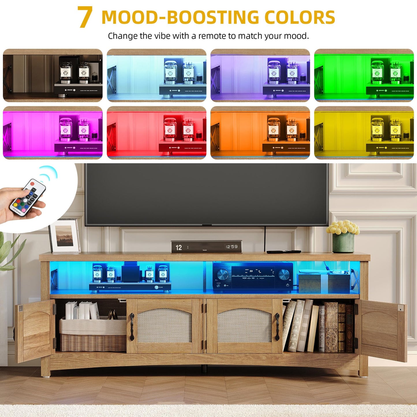 DWVO Farmhouse TV Stand for 65 inch TVs, LED Entertainment Center with Storage, TV Console with Power Outlets, Wooden Bar Coffee TV Table with Shelves for Living Room (Oak)