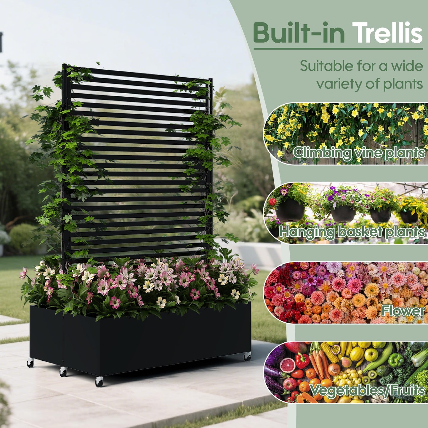 Sunnibety Double Metal Planter Box with Trellis Privacy Screen, Raised Garden Bed with Trellis & Wheels, Planter Box Outdoor with Drainage Holes for Climbing Plants, Vines,73"x 47"x 30", Black