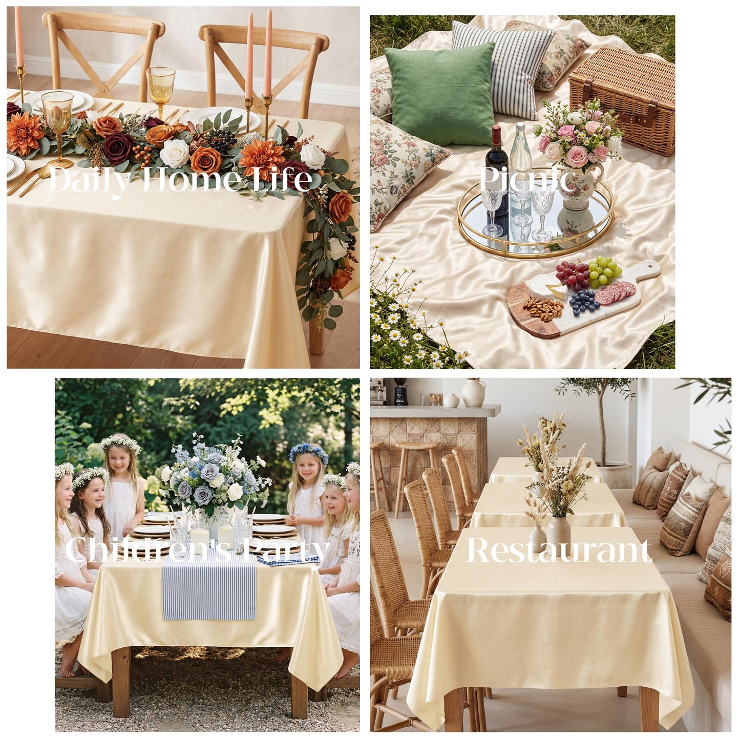 COSINIA 8 Pack Champagne Satin Tablecloth 58 x 102 Inches, Rectangular Satin Table Cloths for Wedding Reception, Birthday Party, Graduation & Holiday Banquet Tables