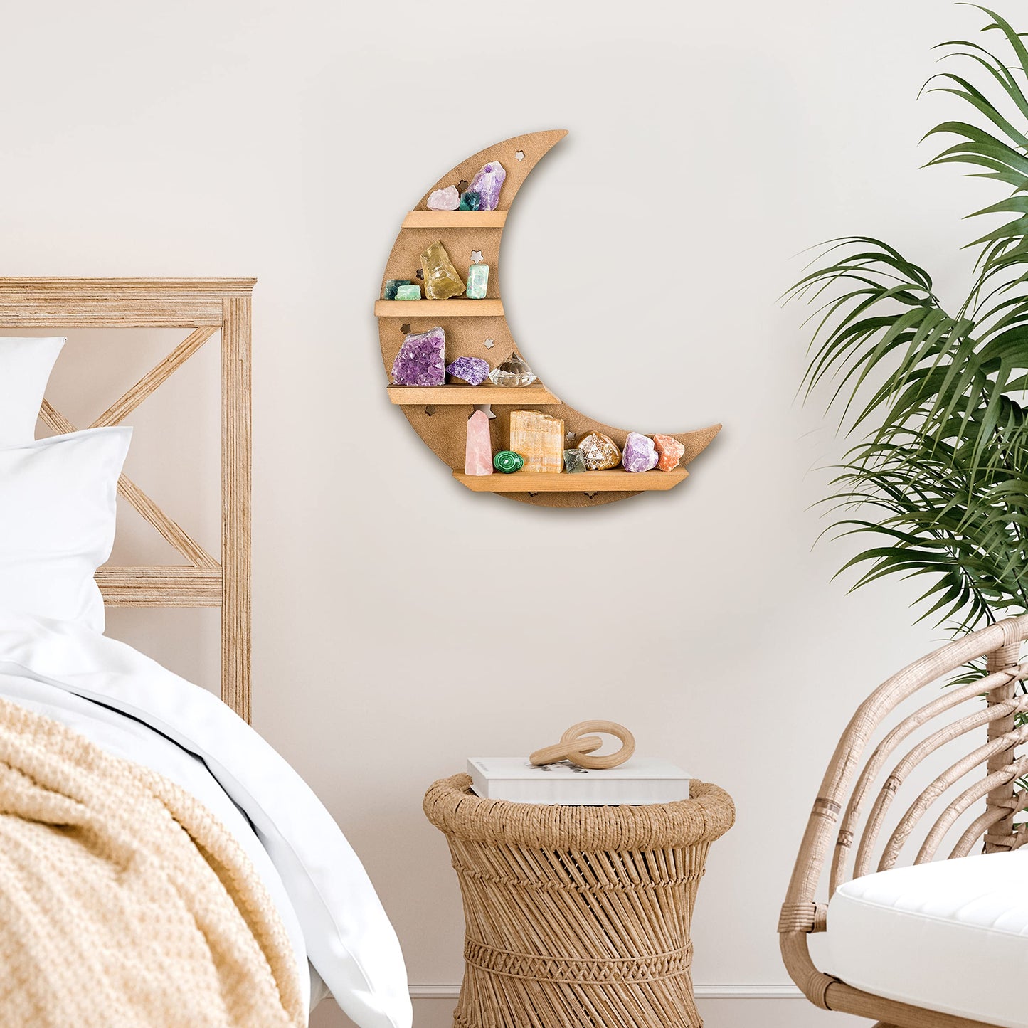 Curawood Crescent Moon Shelf with LED Lights - 15.7" Crystal Display Shelf for Wall - Crystal Holder for Stones - Moon and Stars Wall Decor - Rock Display Case, Witchy Altar Trinket Organizer