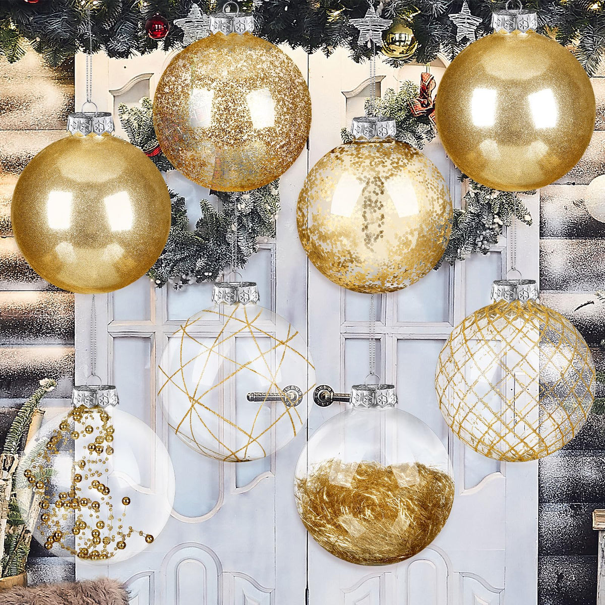 Wettarn Set of 8 Transparent Large Christmas Ball Ornaments 6 Inch Glitter Hanging Plastic Balls Christmas Tree Decorations for Lawn Yard Party with Exquisite Filling Decoration (Charming Gold)