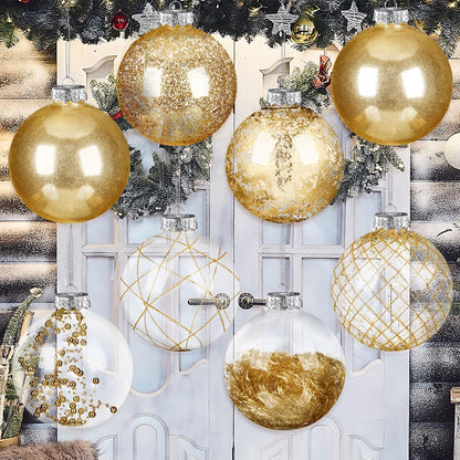 Wettarn Set of 8 Transparent Large Christmas Ball Ornaments 6 Inch Glitter Hanging Plastic Balls Christmas Tree Decorations for Lawn Yard Party with Exquisite Filling Decoration (Charming Gold)