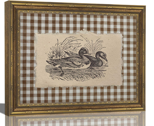 Vintage Gold Framed Wall Art Vintage Duck Wall Art Rustic Farmhouse Brown Gingham Duck Wall Decor Picture Country Cottage Illustration Poster Print Artwork for Living Room Bedroom 9x11in