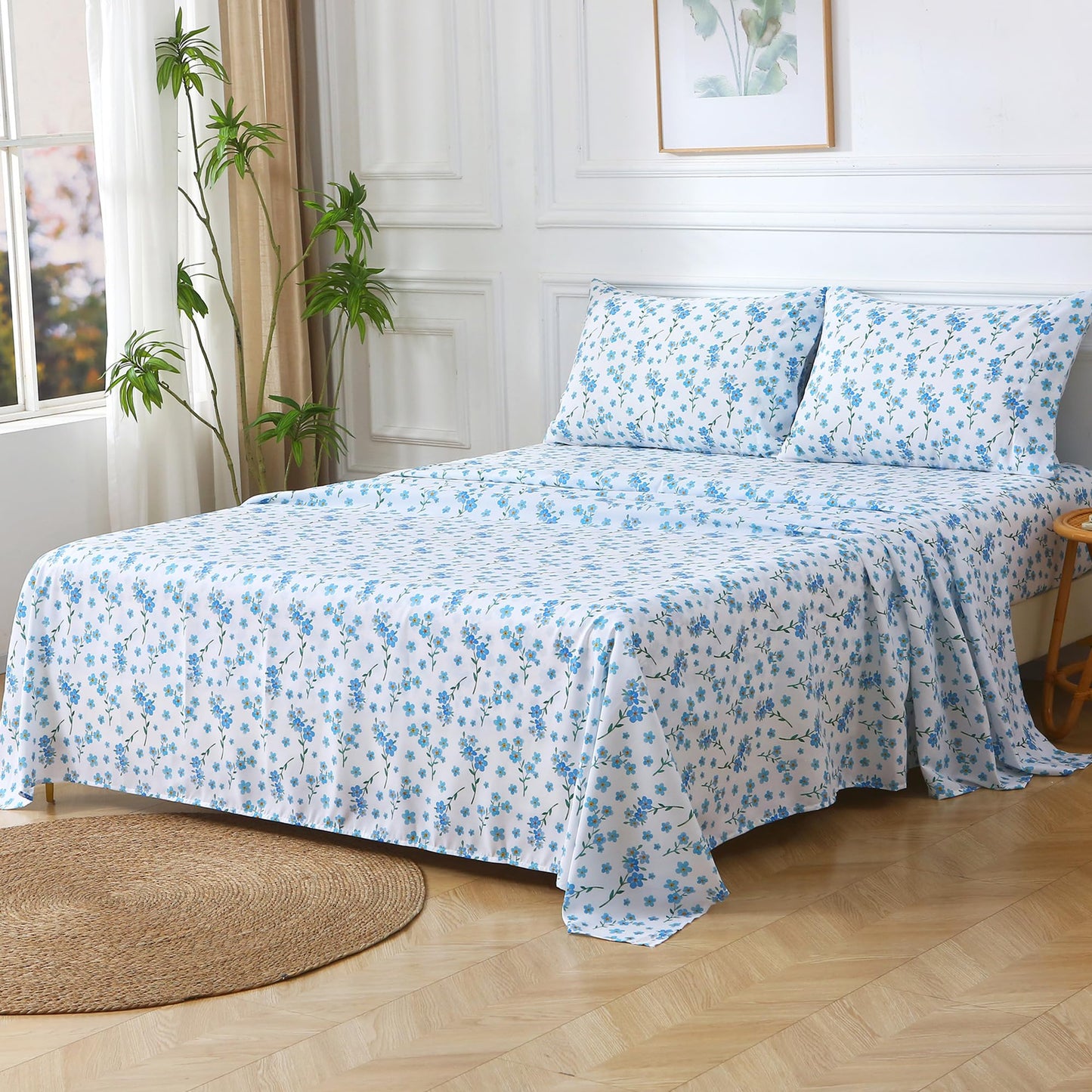 Viviland Floral Twin Sheet Set - 3 Piece Country Fresh Blue Flower Patterned Bed Sheets - Soft, Breathable Microfiber Sheets with Deep Pocket, Non-Slip Fitted Sheets & Pillowcases