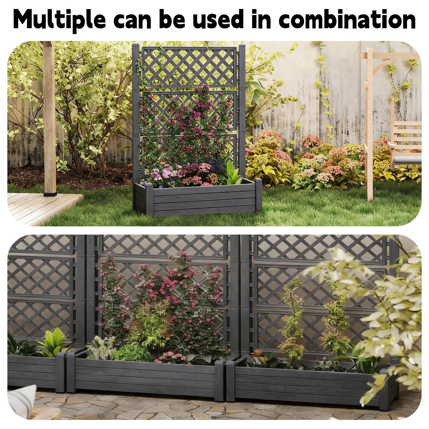 GYMHILL Elevated Raised Garden Bed with Trellis, 21 Gallon Self-Watering Outdoor Resin Planter Box with Lockable Wheels Drain Plug & Water Monitor for Plants Vegetables Flowers Fruits (Black)