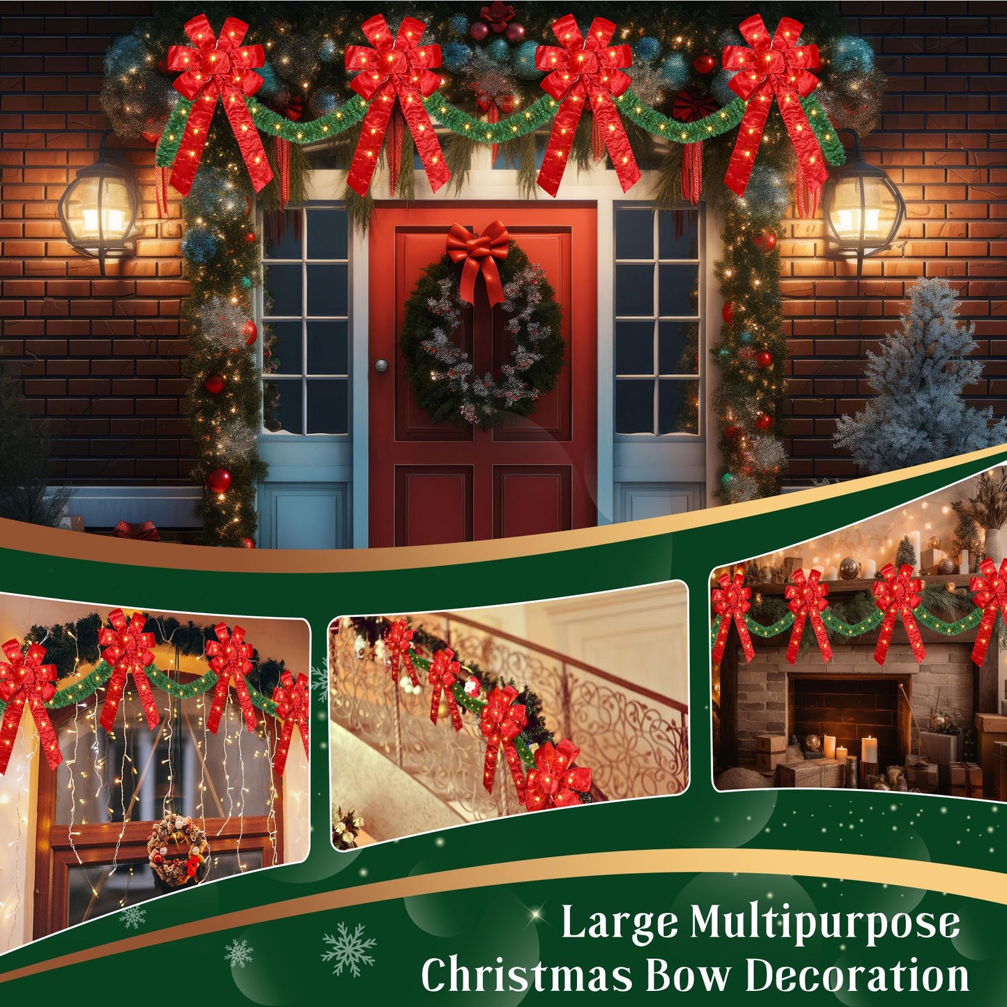 13 FT Christmas Bows Fence Decoration, 140LED Lighted Large Christmas Bows Decoration with 8 Mode and Timing Ornament for Party Front Door Fireplace (Red,Artificial Garland)