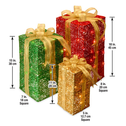 National Tree Company lit Artificial Christmas Décor 3-Piece Set Includes Pre-Strung White Mini Lights Sisal Gift Boxes