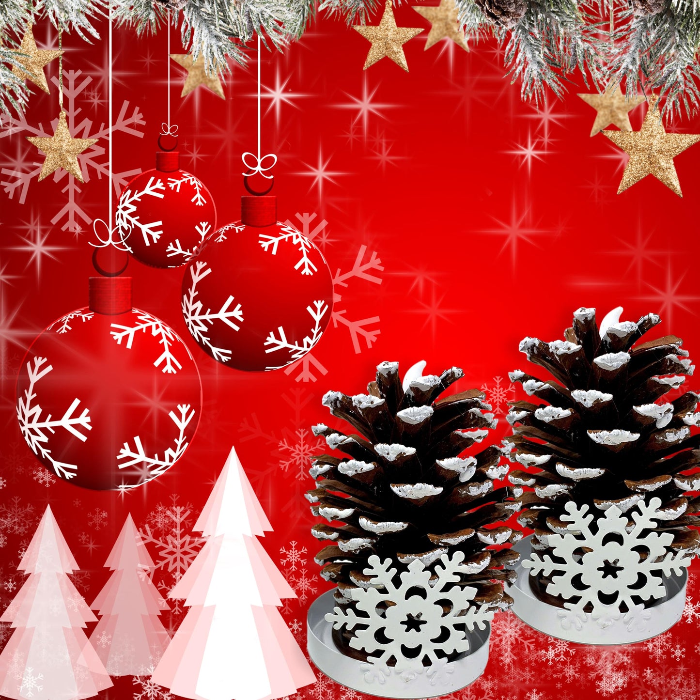 LIghted Pine Cones in Metal Snowflake Holders Christmas Decor - Set of 2 - Real Pinecones with White Snowflake Holders - Flameless LED Candles Brushed with Snow - Measures 5 1/2"H X 3"W