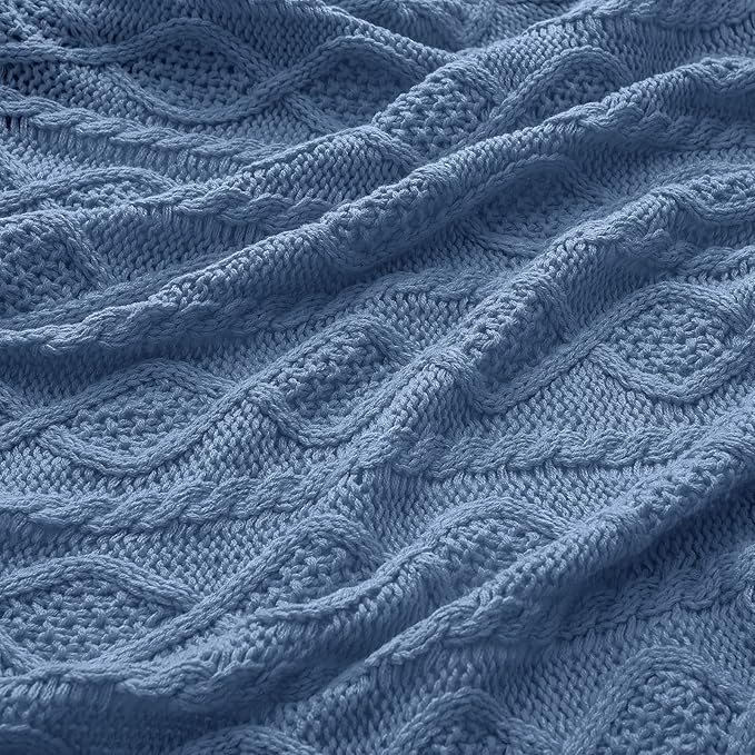 Homiest Dusty Blue Cable Knit Throw, 60 x 80 Inch, Lightweight Acrylic Knitted