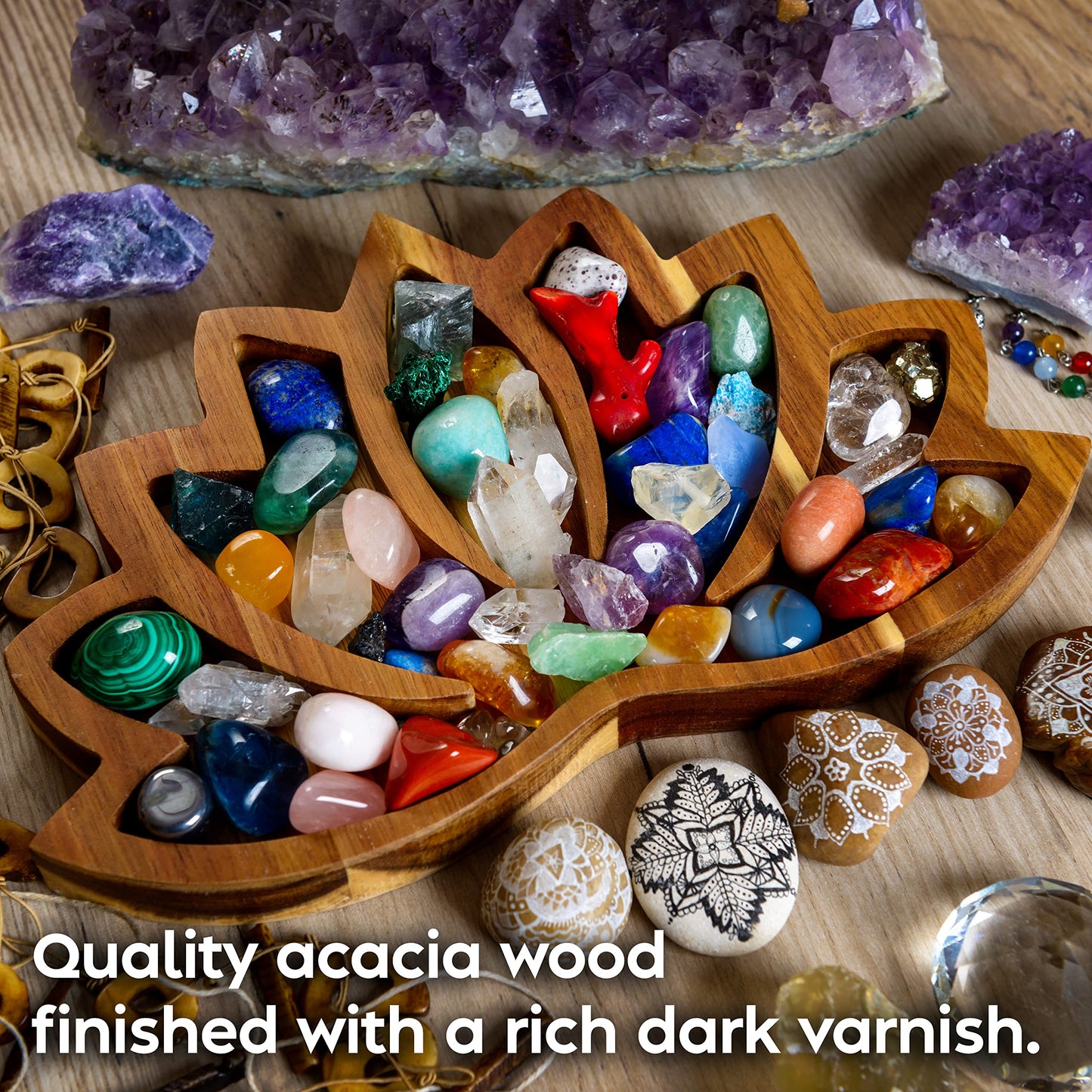Curawood Lotus Crystal Display Tray - Showcase Your Gems, Healing Stones & Treasures - 11"x7" Wooden Rock Bowl, Crystal Holder for Stones Display Shelf, Gemstone Rock Holder Charging Bowl (Horizon)