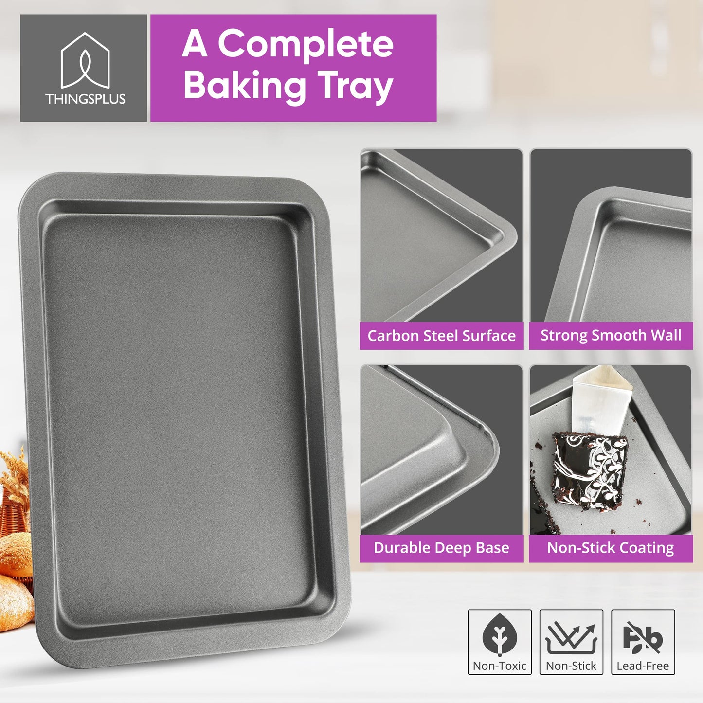ThingsPlus Set of 2 Baking Trays for Oven Non Stick, Premium Carbon Steel Oven Trays Non Stick with Teflon Coating, Durable & Easy-Clean NonStick Baking Tray Set for Cookies & Savories (32x22x2cm)