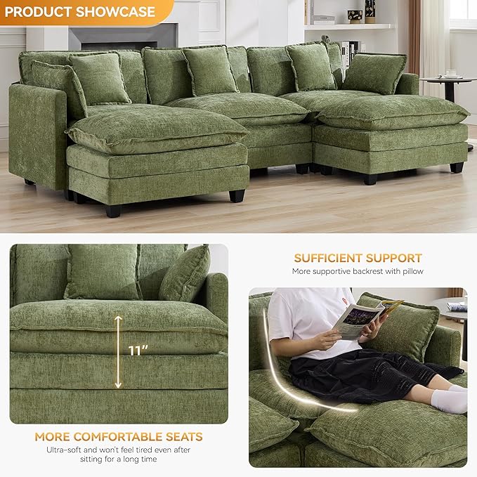 111'' Sectional Cloud Deep Seat Couch, Oversized Chenille U Shaped Sectional