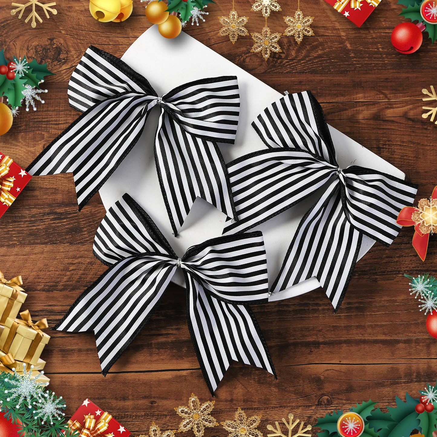 Fancheer 12 Pcs Christmas Bows Decorations Large Christmas Tree Bows Xmas Wreath Ribbons Ornaments Halloween Party Gift Decor Black White Striped for Nightmare Jack