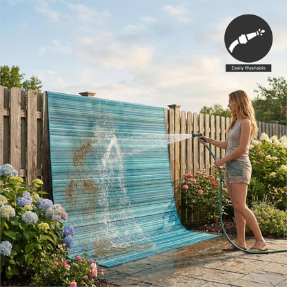 FH Home Outdoor Camping Rug - Waterproof, Fade Resistant, Reversible - Premium Recycled Plastic - Striped - Large Patio, Deck, Sunroom, RV - Havana - Turquoise - 9 x 18 ft Foldable