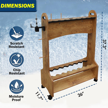 Rush Creek Creations 16-Rod Rolling Fishing Rod Rack with Line Spooler – Tackle Storage, Tool Holder, Lure & Line Organizer, Accessory Pegs – Portable Gear Station for Anglers