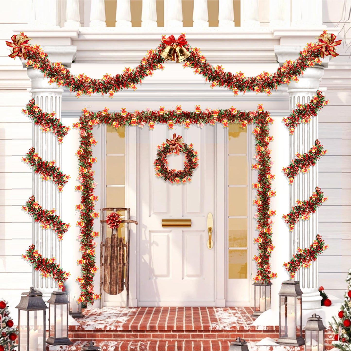 50FT Red Green Christmas Tinsel Garland with Gingerbread Man Ornaments, Thick Metallic Twist Xmas Garland for Tree Decorations Fireplace Mantel Home Office Stair Party Indoor Outdoor Holiday Decor