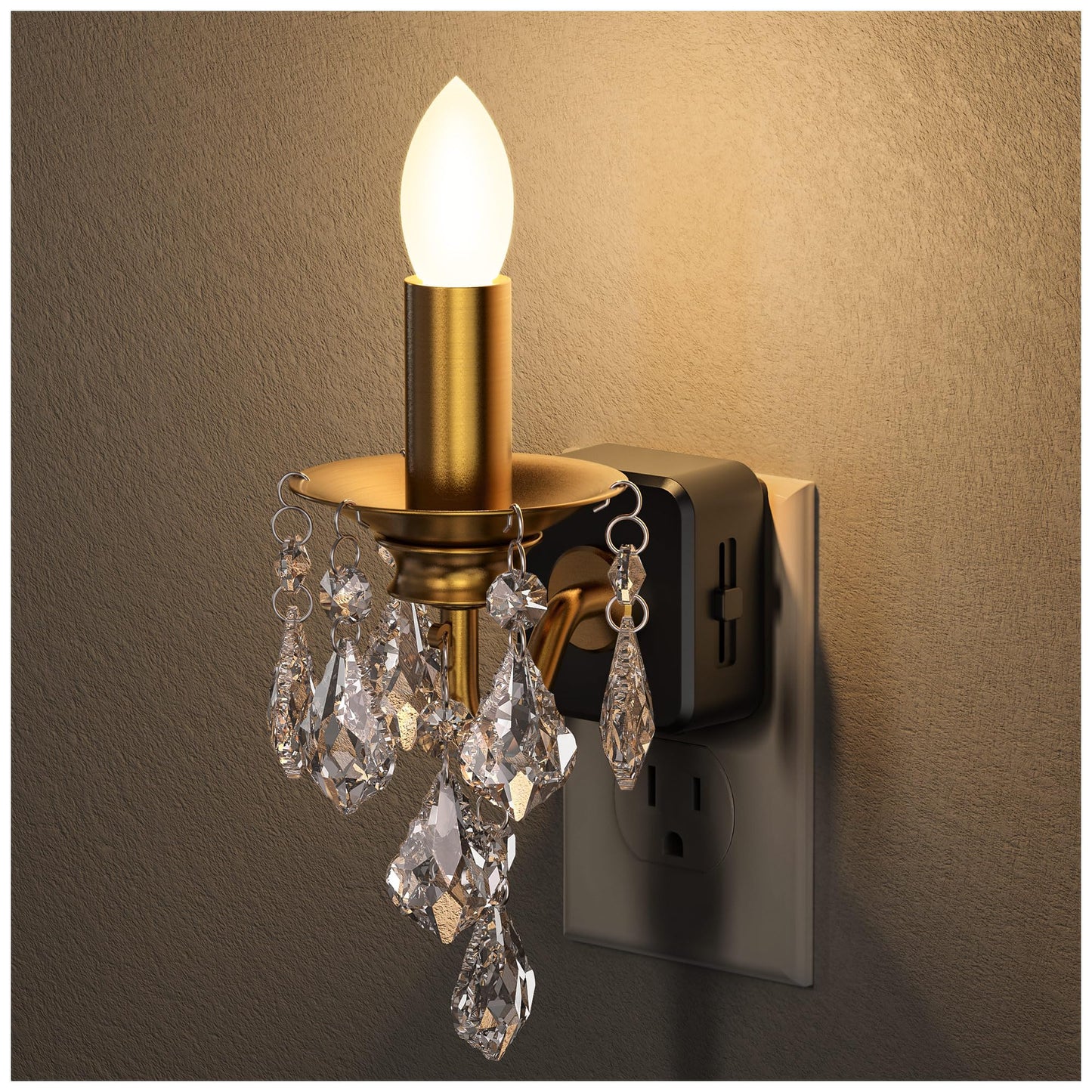 Briignite Chandelier Night Lights Plug into Wall, LED Warm Night Light with Dusk to Dawn Sensor, 0-100LM Dimmable, Decorative Gold Candle-Style Nightlight for Bedroom, Bathroom, Hallway, Stairway