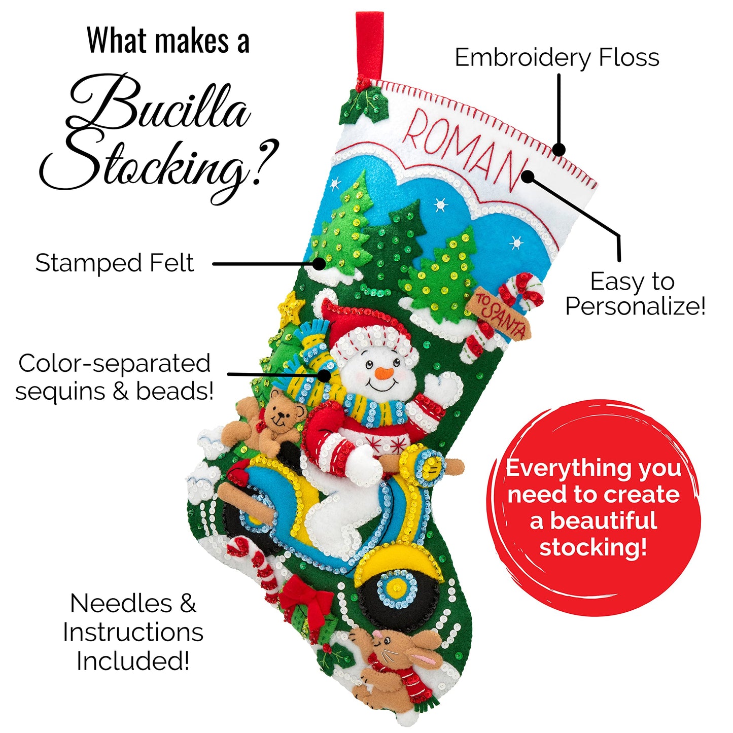 Bucilla Felt Applique 18" Stocking Making Kit, Holiday Hearth, Perfect for DIY Arts and Crafts, 89486E