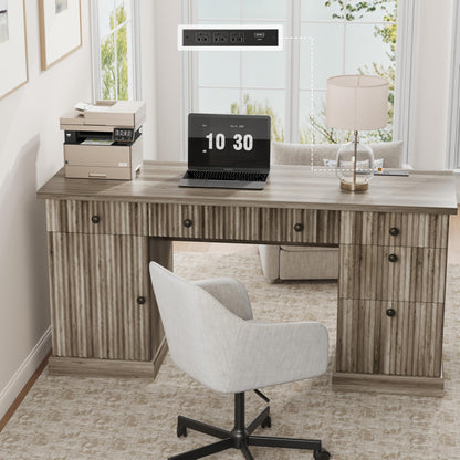 Garvee 60" Office Desk with Storage & Drawers. Fluted Wood Computer Desk with Power Outlet & Adjustable Shelves.Modern Executive Desk for Home Office/Bedroom/Gaming-Grey