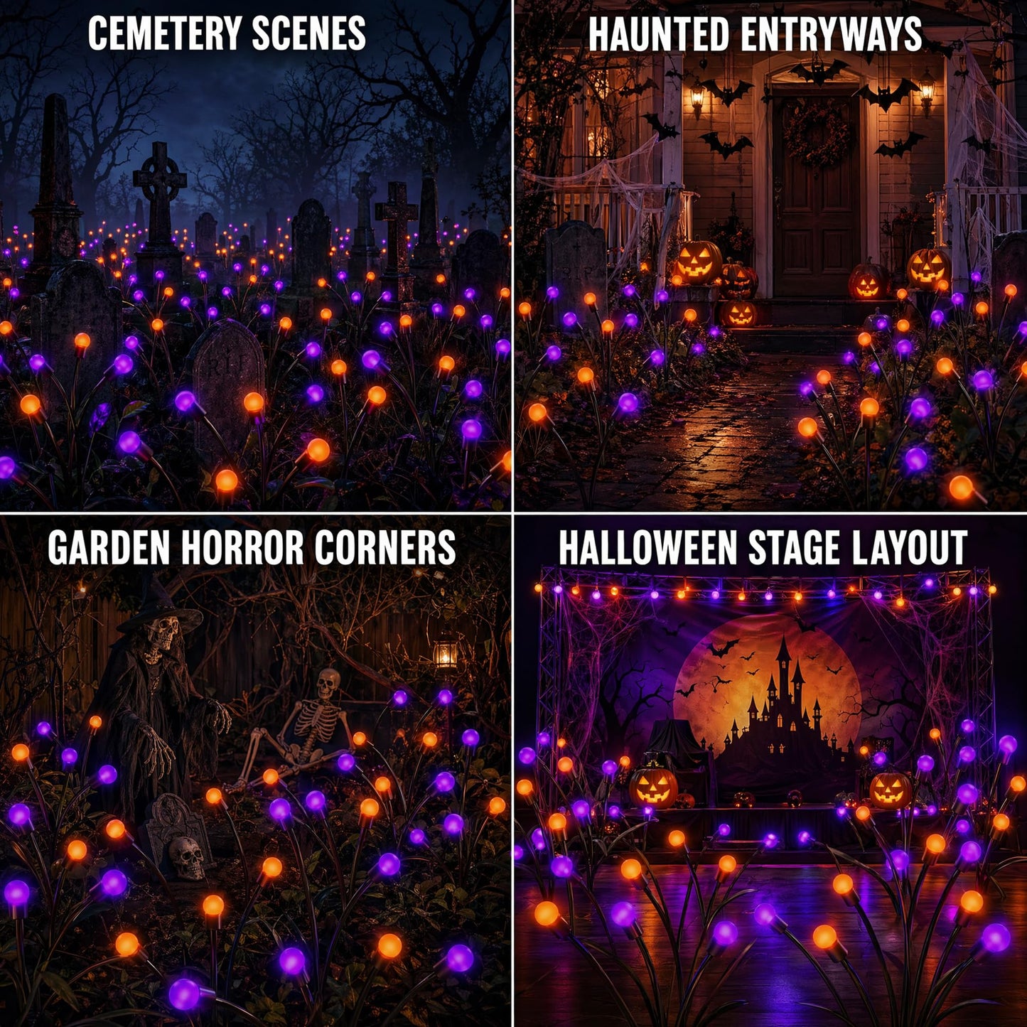 Sukesou Halloween Firefly Solar Lights, 2 Pack 6 LED Orange Purple Swaying Pathway Lights, IP65 Waterproof Auto Dusk to Dawn Outdoor Landscape Lights for Yard Patio Lawn Party Decor