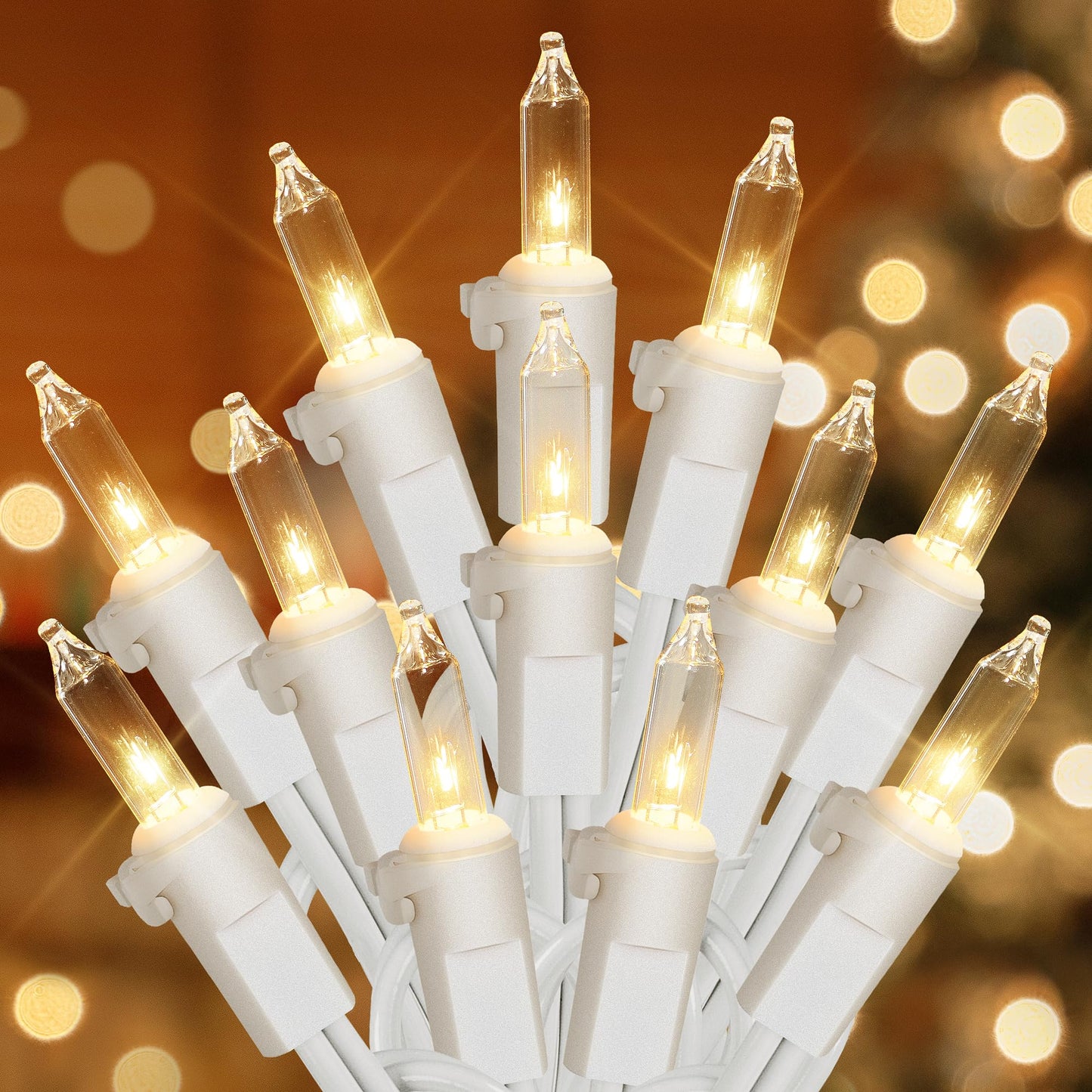 Hopolon Clear Christmas Lights Set,2Pack 50Count 13Feet Incandescent Bulb Mini String Lights with White Wire for Indoor Christmas Tree Garland Birthday Wedding Party Festival Decoration,Warm White