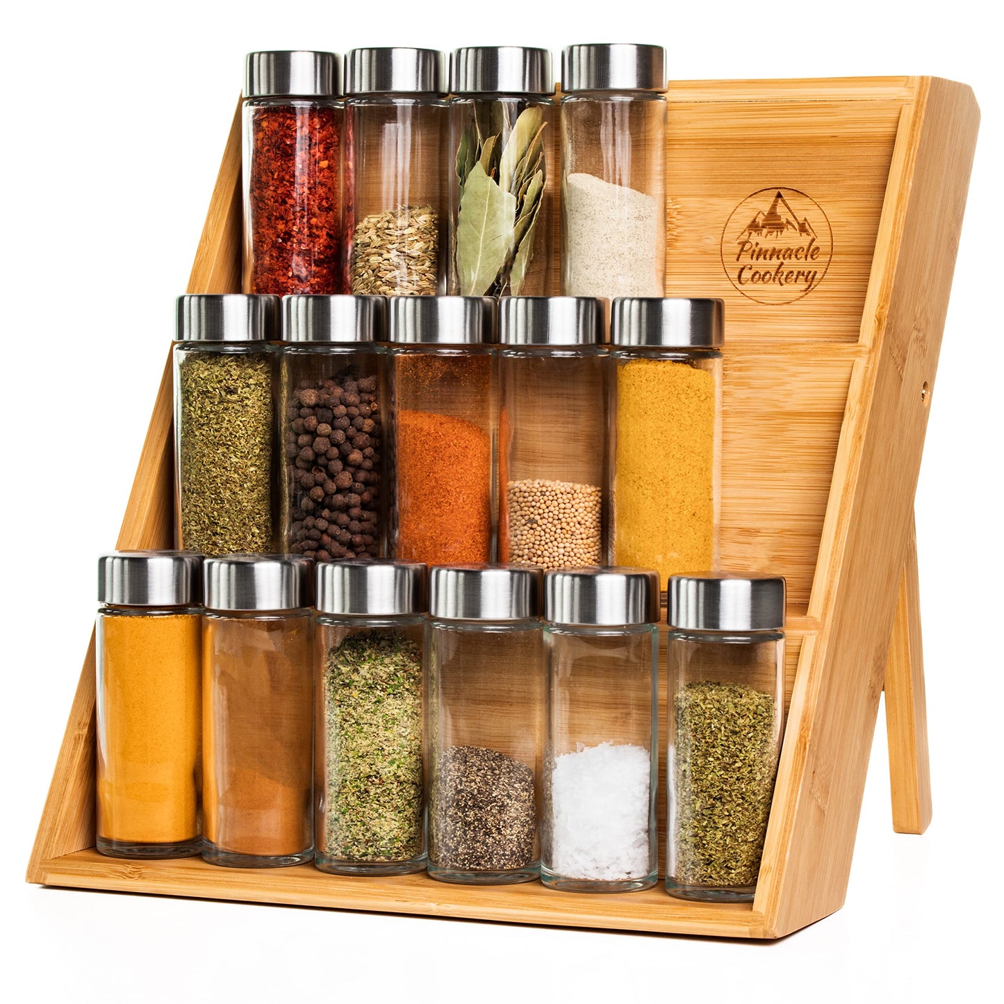 Pinnacle Cookery Bamboo Spice Rack Organizer for Countertop - Eco Friendly Seasoning Organizer 3-Tier Spice Shelf - Space Saving Wooden Spice Rack