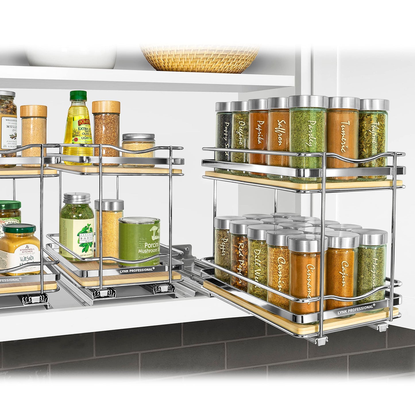 LYNK PROFESSIONAL® Pull Out Spice Rack Organizer for Inside Kitchen Cabinets - 4-1/4 inch Wide - Slide Out Drawer – Chrome Sliding Spice Cabinet Organization Shelf Racks - 2 Tier