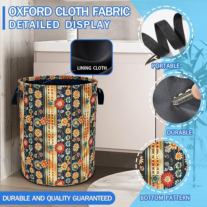Folk Flower Art Laundry Basket Boho Floral Print Oxford Cloth Laundry Hamper