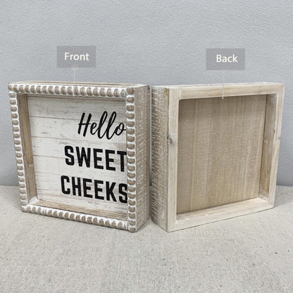 Boho Farmhouse Wooden Framed Bathroom Decor Signs, Funny Restroom Decorative Plaque Small Cute, Toilet Rules Shelf Decoration (Hello Sweet Cheeks)