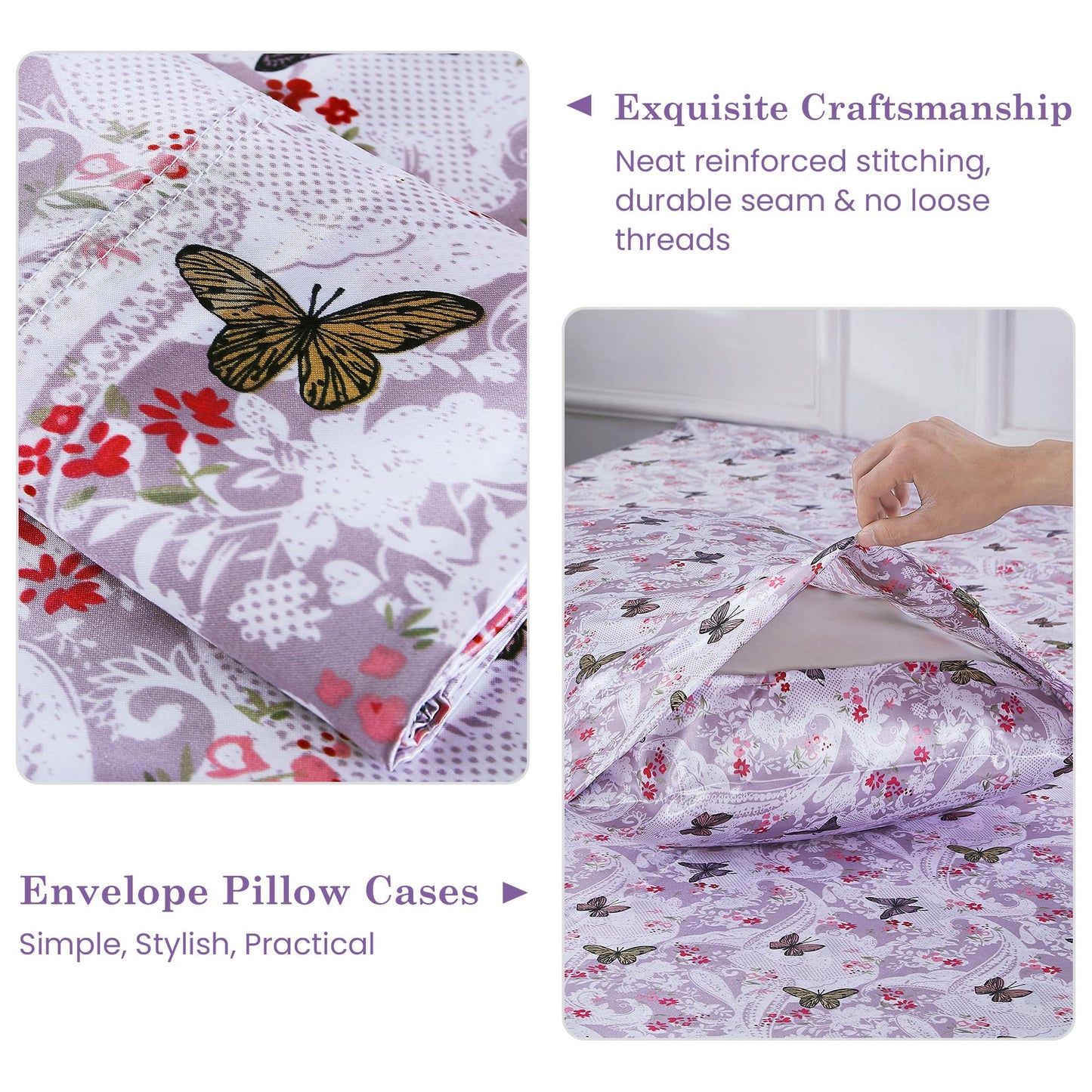 lasoftan Paisley Floral Satin Sheets King, Silky Butterfly Printed Fitted Bed Sheet with 15" Deep Pocket & Non-Slip Straps, Luxury Hotel Satin Summer Cooling Sheets & Pillowcase Set, Purple
