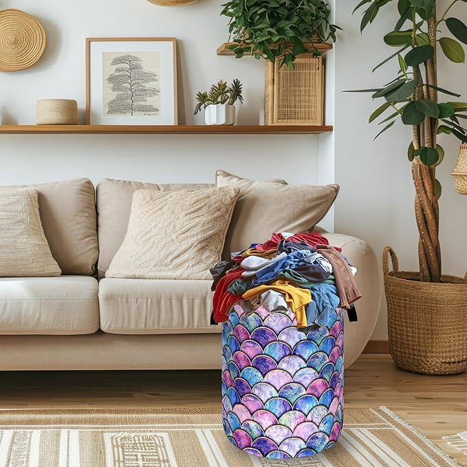 Colorful Mermaid Scales Laundry Basket Foldable Oxford Cloth Beautiful Fish