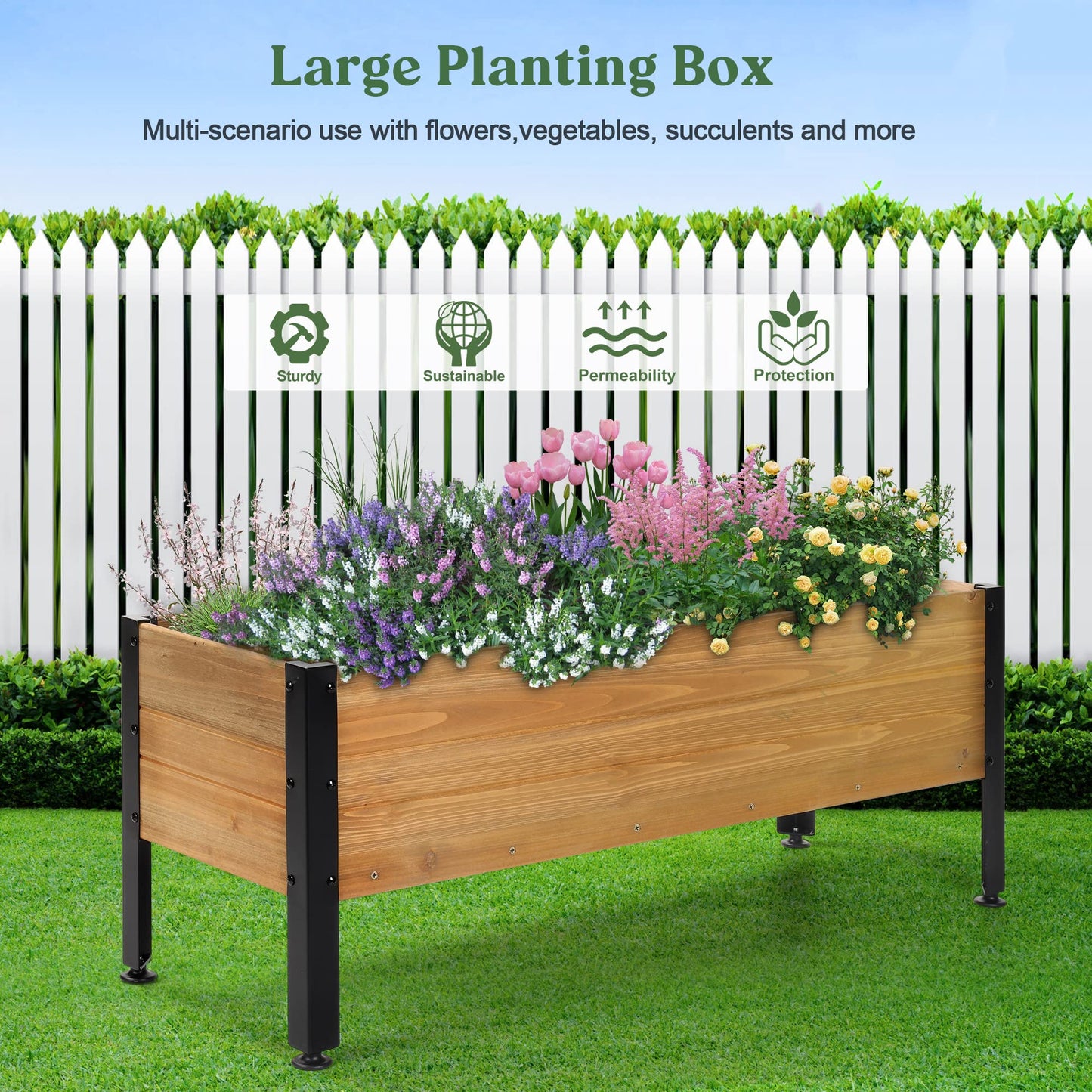 Borsynium Wooden Rectangular Flower Box with Low-Iron Legs, Planting Bed for Flowers and Vegetables, Suitable for Garden and Balcony. Dimensions:39.37 * 13.9 * 12.5 inches