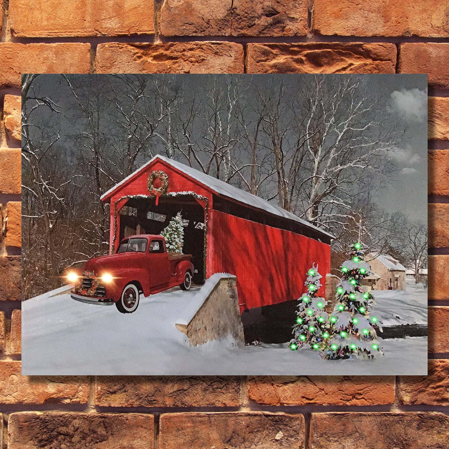 BANBERRY DESIGNS LED Wall Art - Lighted Red Truck Covered Bridge Canvas Print - Christmas Picture with LED and Fiber Optic Lights - Winter Scene Wall Art - Measures 11.75" X 15.75"