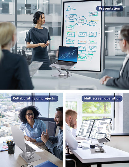 SOUNDANCE Laptop Stand with 360° Rotating Base, Ergonomic Computer Riser for Desk, Adjutable Height Muti-Angle, Foldable Laptop Mount, Stable Metal Holder Support 10-15.6" Notebook PC, Silver Grey