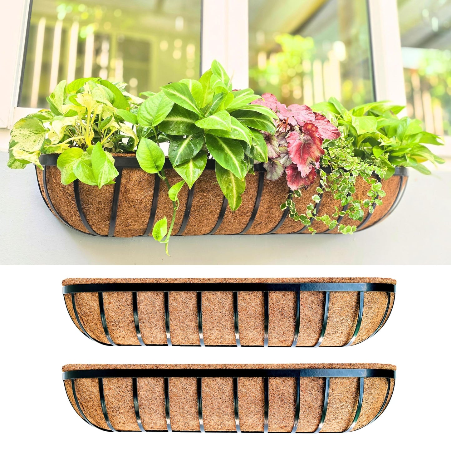LaLaGreen Deck Railing Planter Box - 2 Pack, 36 Inch Large Wall Planters for Outdoor Plants, Window Flower Boxes Attach House with Coco Liners Metal Horse Troughs Fence Balcony Patio Porch Over Rail