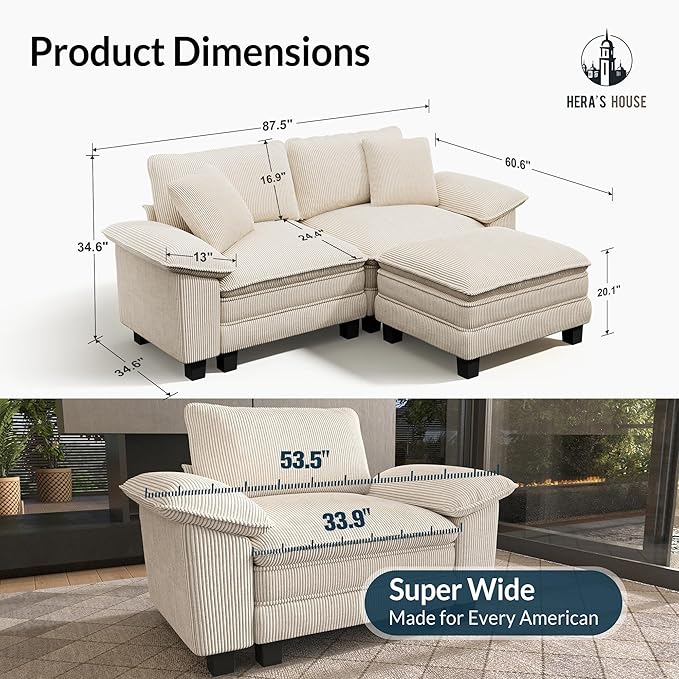 HERA'S HOUSE 88" Modular Sectional Sofa, L Shaped Couches