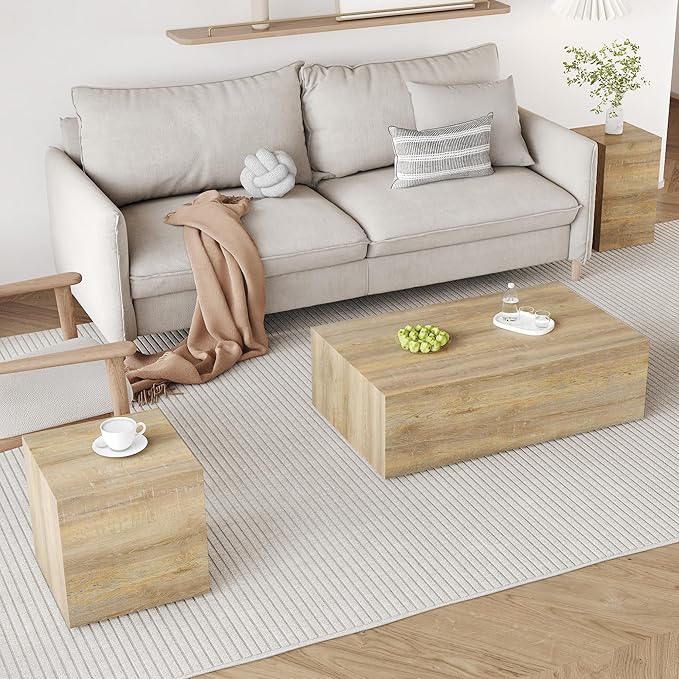 Coffee Table Set for 3, Living Room Table Set, Wood Coffee Table and Side Table