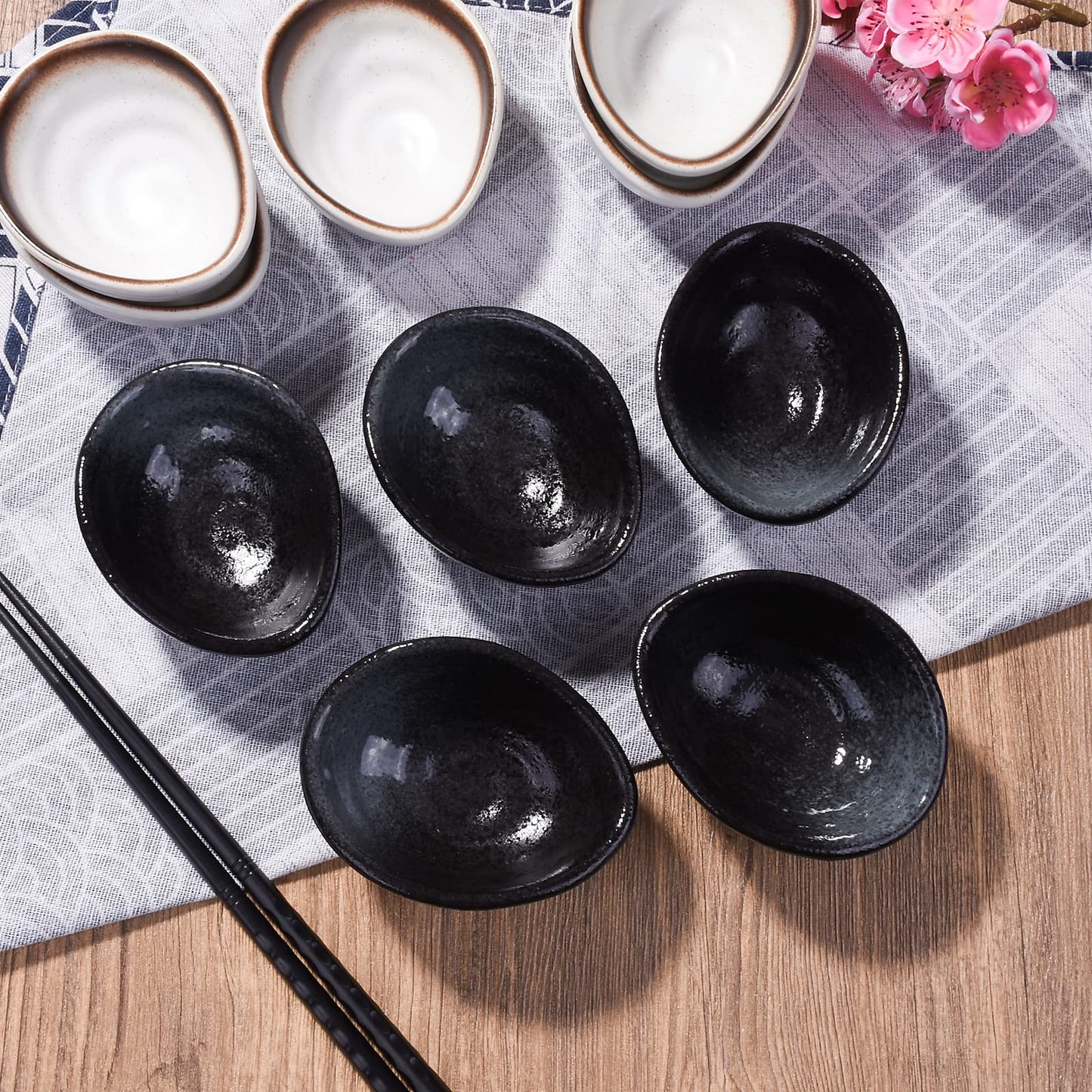 LMRLCS Japanese Dipping Sauce Bowls Elliptical Porcelain Soy Sauce Dish Sushi Dish Ceramic Asian Sauce Bowls Set of 5 for Vinegar,Oil,Salt,Salad Soy Sauce,Wasabi, Black