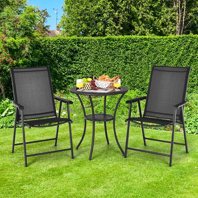 Giantex Set of 2 Patio Folding Chairs, Portable Outdoor Dining Chairs with Armrest for Porch Camping Pool Beach Deck Lawn Garden, Metal Frame, Black
