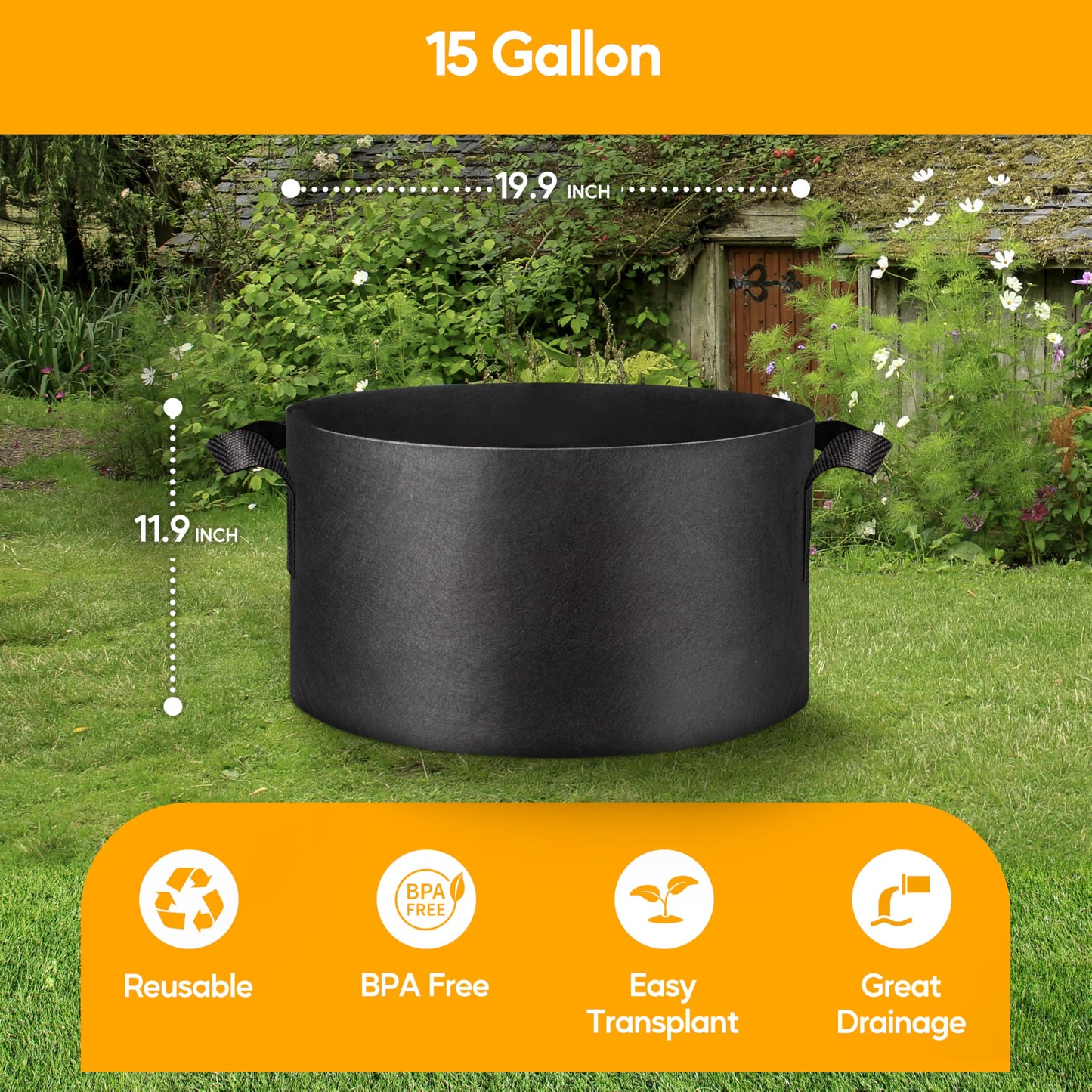 Simple Deluxe Grow Bags 15 Gallon 5 Pack Planter Pots with Handles, Thickened Nonwoven Fabric Aeration Cloth Bag, Heavy Duty Gardening for Tomoato, Potato, Vegetable and Flowers, Black with 5 Labels
